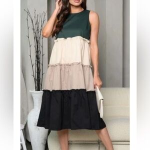 NWT TCEC Colorblock Boho Tiered Midi Dress in Green, Cream, Tan & Black Sz: L